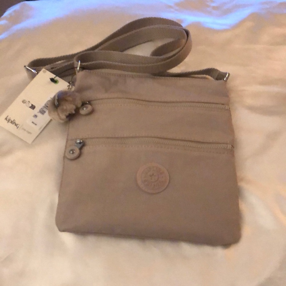 Kipling Keiko Golden TanTonal Nylon Crossbody Bag + Monkey Key Chain NWT